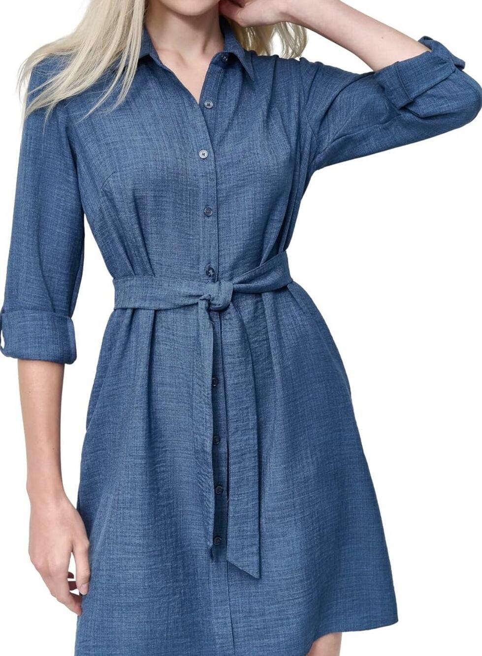 DKNY Womens Blue Chambray Denim Look Shirt Dress Roll Tab Sleeve Belted Size 8